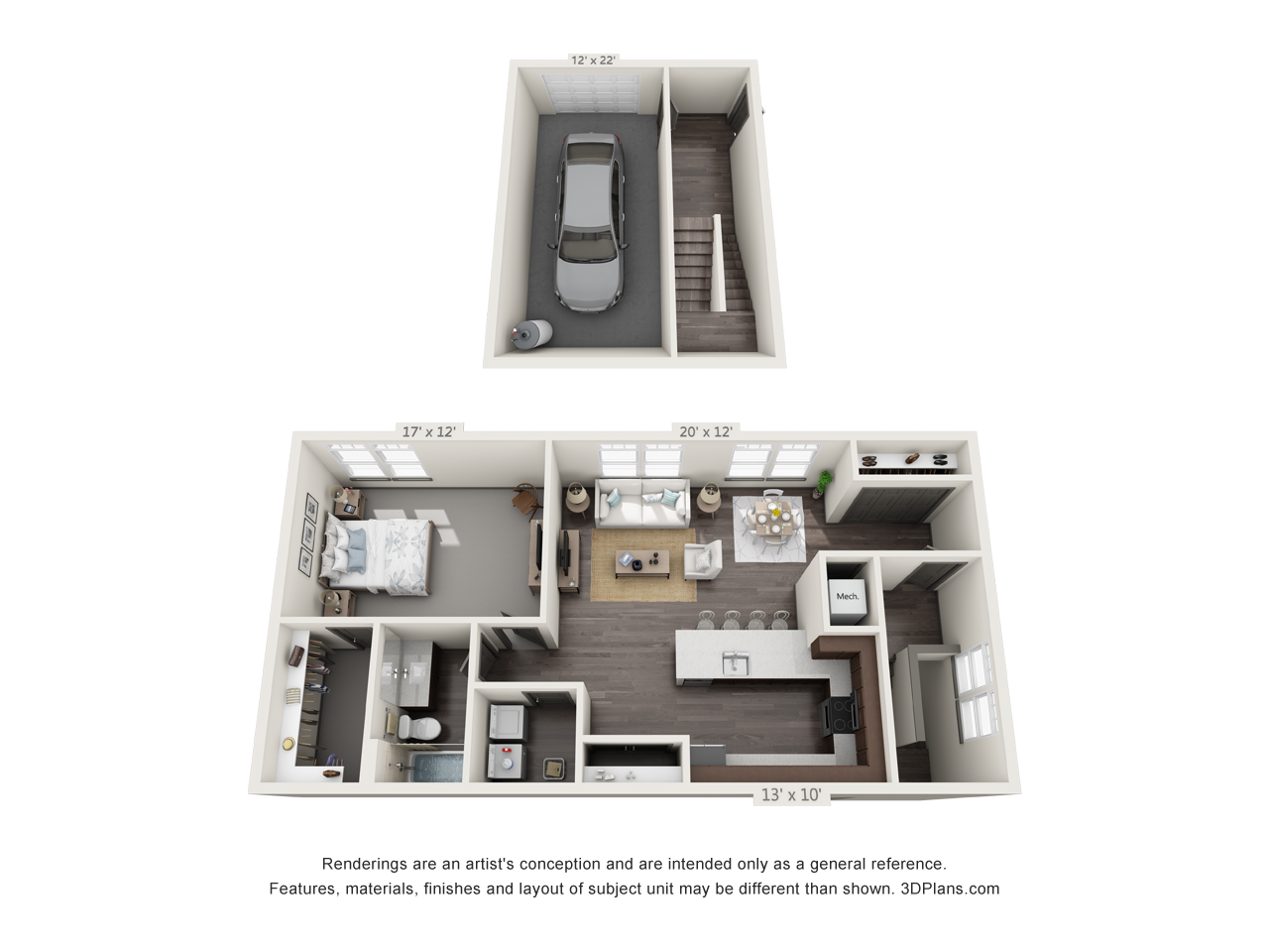 Floor plan for 1 bed, 1 bath, 925 sqft